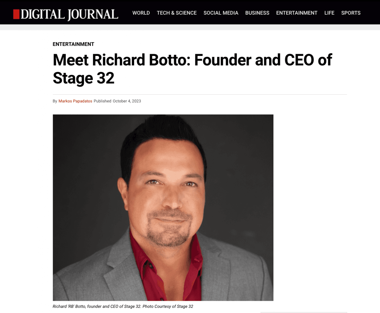 Stage 32 Founder  CEO Richard RB Botto Featured in DIGITAL JOURNAL