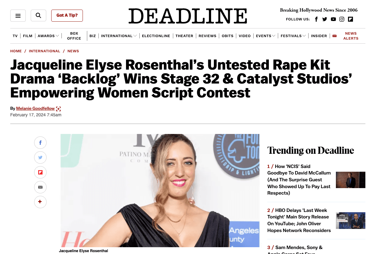 Jacqueline Elyse Rosenthals Untested Rape Kit Drama Backlog Wins Stage 32  Catalyst Studios Empowering Women Script Contest