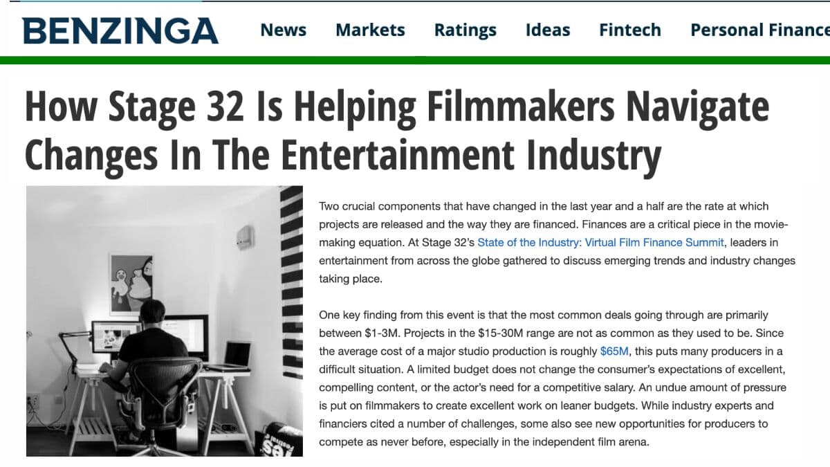 Benzinga: How Stage 32 Is Helping Filmmakers Navigate Changes In The Entertainment Industry