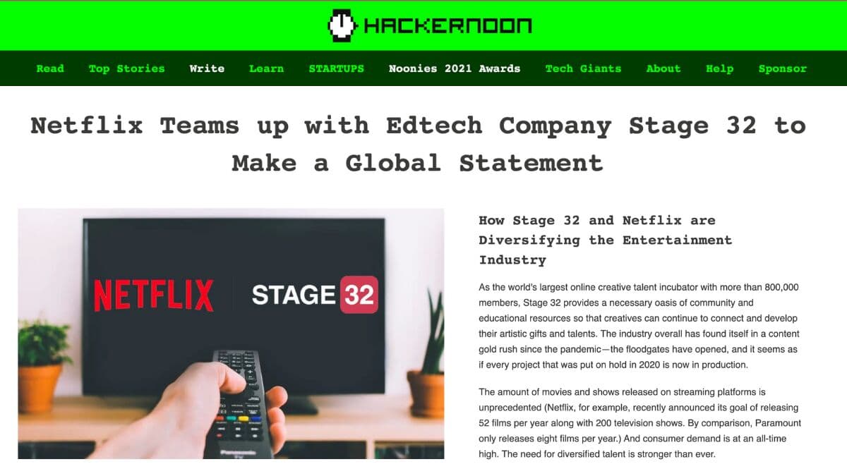 Hackernoon: Netflix Teams up with Edtech Company Stage 32 to Make a Global Statement