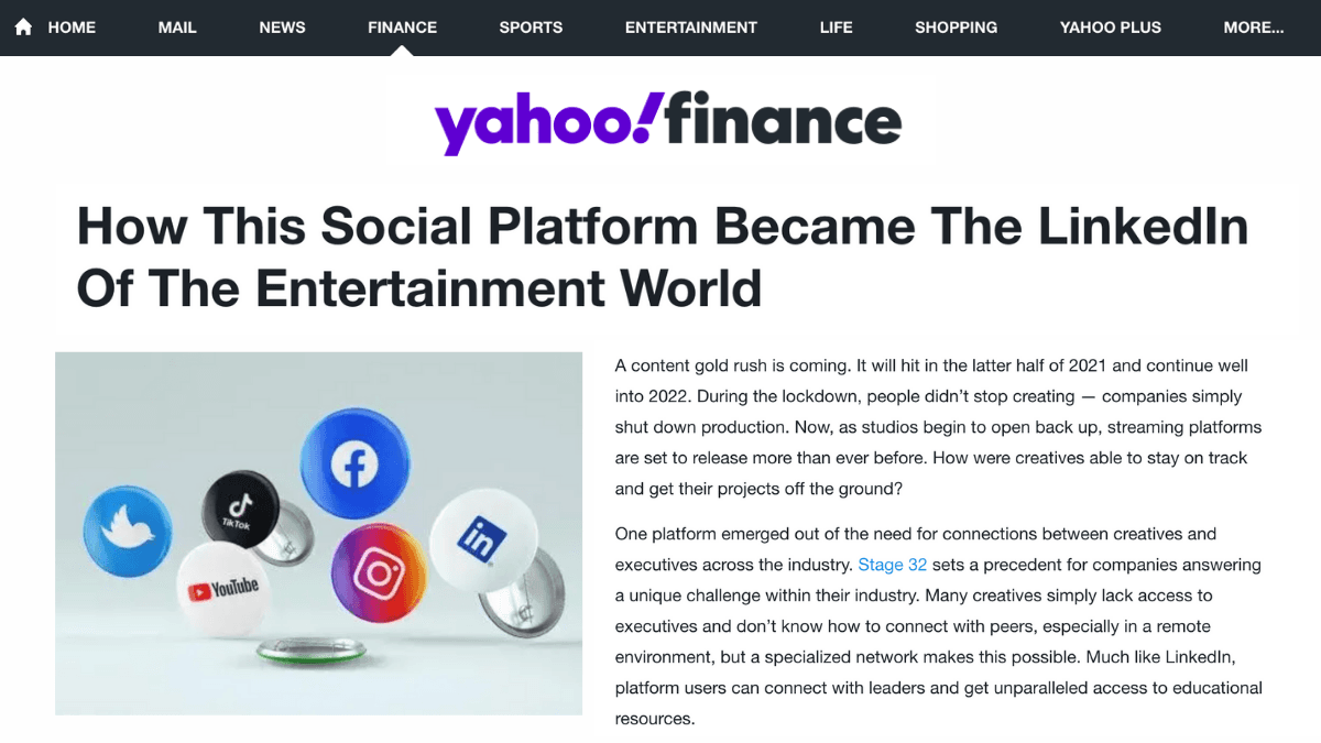 Stage 32 in Yahoo Finance How This Social Platform Became The LinkedIn Of The Entertainment World