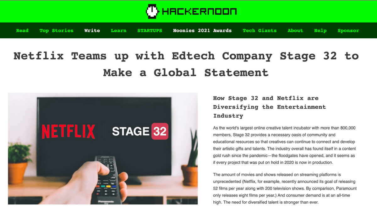 Hackernoon Netflix Teams up with Edtech Company Stage 32 to Make a Global Statement