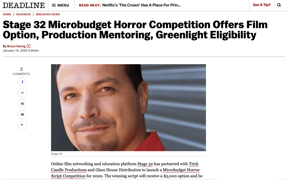 5000 Option 100000 Financing Eligibility  Stage 32s Latest Partnership  Exclusive Coverage in Deadline Hollywood